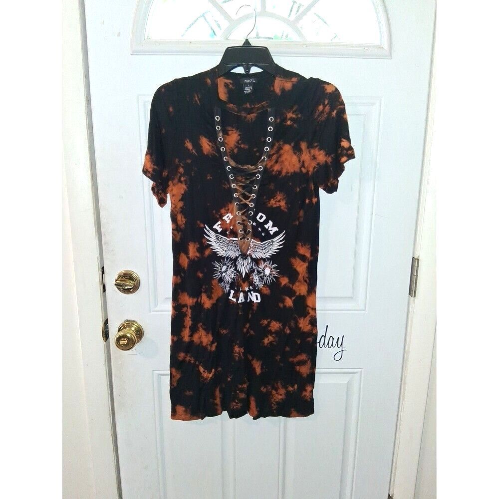 412 Large Rue21 Dress Orange & Black Tie Dye Freedom Land Deep "V" Neck